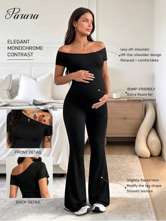 Maternity Off Shoulder Jumpsuit, Short Sleeve Flared Leg Casual Romper