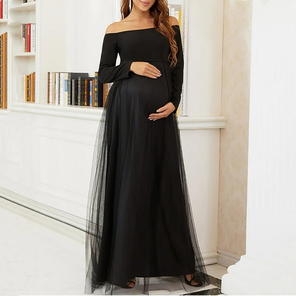 Maternity Off Shoulders Half Circle Gown for Baby Shower Photo Props Dress Black S