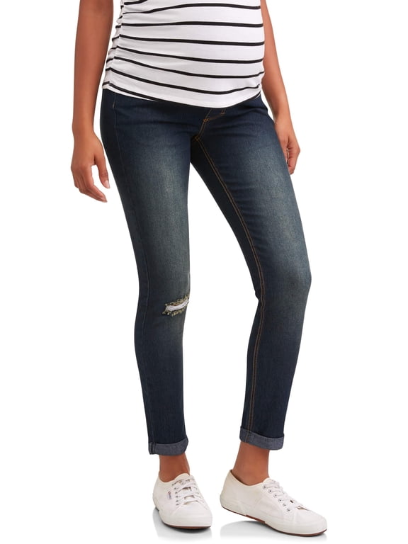 Maternity Oh! Mamma Skinny Jean with Full Panel and Distressing (Available in Plus Sizes)