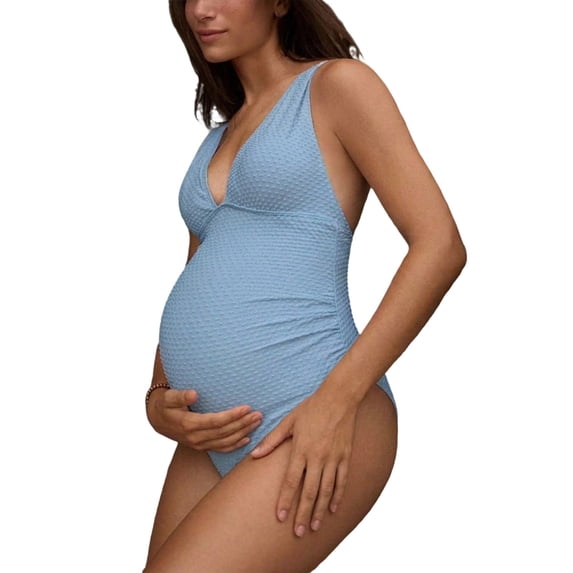 Maternity One Piece Swimsuit, Ribbed Ruched Pregnancy Bathing Suit for Beach Vacation,Light Blue XL