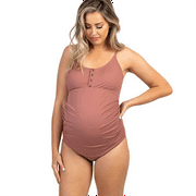 PHENAS Maternity One Piece Swimsuit Solid Button Neck Ruffled Pregnant Swimsuits Cross Back Bathing Suit