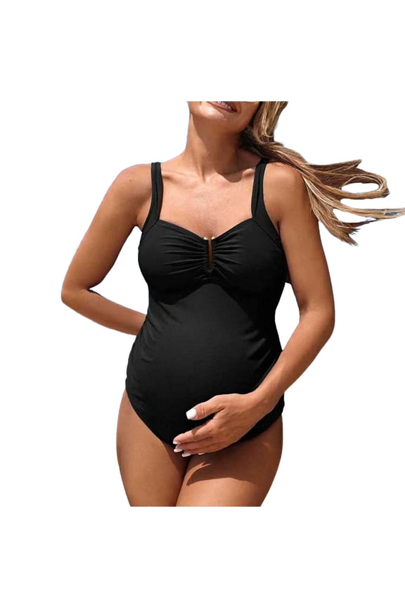 Maternity One Piece Swimsuits Ruched Bikini Bathing Suit Spaghetti Strap Pregnancy Swimwear Beach Wear(Black S)