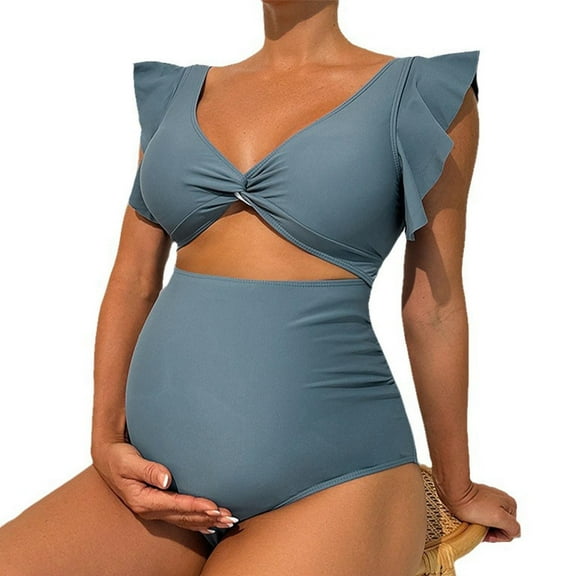 Maternity One Piece Swimsuits for Women Twist Front Cut-Out Ruffled Bathing Suit Modest Pregnancy Swimwear (M, Blue)