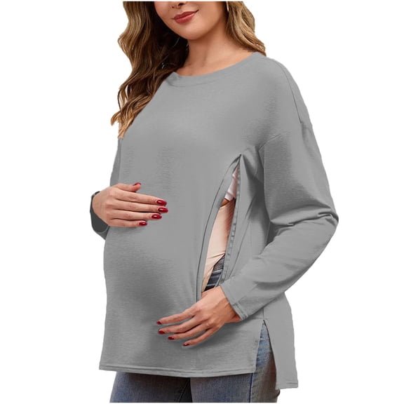 Maternity Oversized Women's Top Round Neck Long Sleeve Concealed Zipper Side Opening Casual Soft Breathable Daily Postpartum Comfortable Fashion Outfit Gray XXL