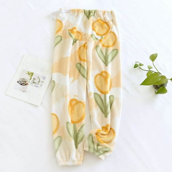 Maternity Pajama Pants Plush Fleece Adjustable Belly Elastic Waist Sleepwear Winter Thickned Thermal Cozy Pregnancy Fuzzy Lounge Pants