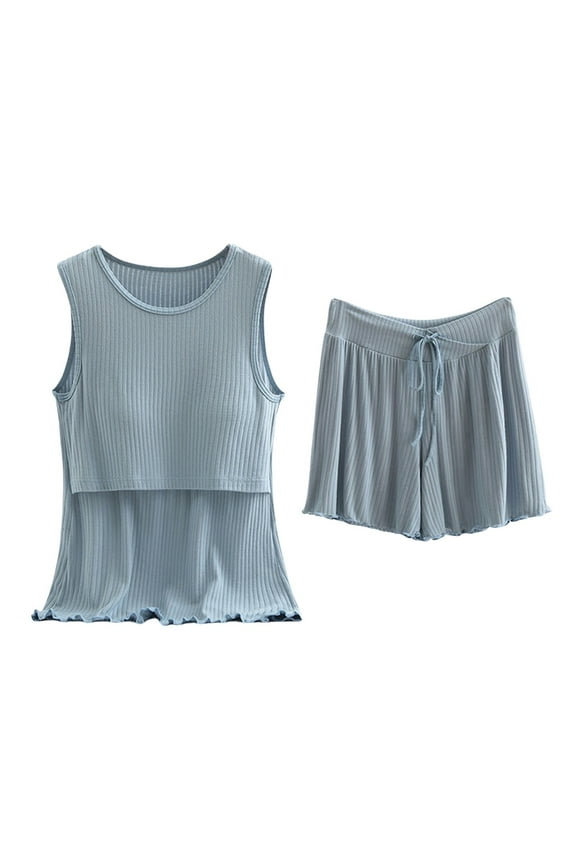 Maternity Pajama Set - Women's Nursing Sleepwear, Sleeveless Cotton Shorts & Top | Hontri | Women's Cotton Pyjamas Short Pyjama Set Sleeveless Shirt Function (Blue | L)