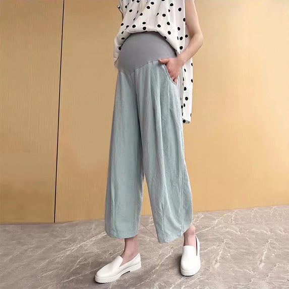 Maternity Palazzo Pants Summer Boho Baggy Wide Leg Lounge Pants Over The Belly Pregnancy Cotton Crop Trousers
