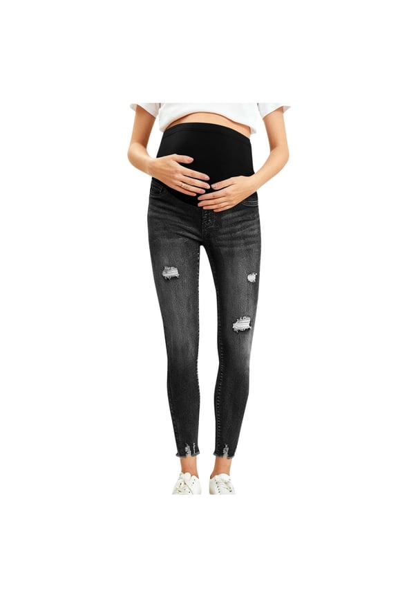 Maternity Pants Long Elastic Jeans for Pregnancy Comfortable Jeans Spring Summer Denim Pants Black M