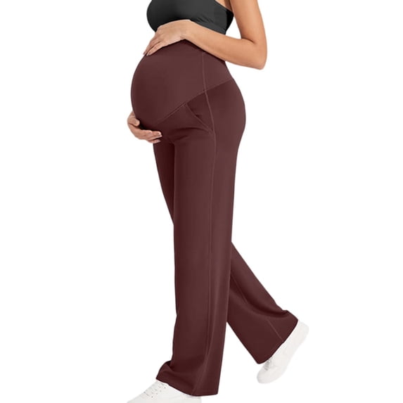 Maternity Pants Over The Belly Yoga Dress Work Pregnancy Pants Stretchy Lounge Wide Leg Trousers with Pockets,Wine,S