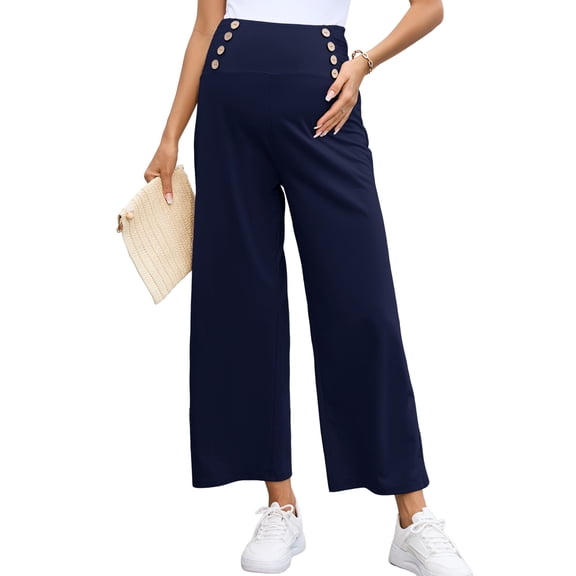 Maternity Pants Women's Smocked High Waisted Double Breasted Wide Leg Trousers Pregnancy Sweatpants