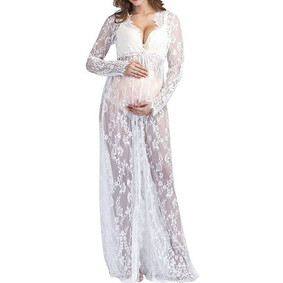 Maternity Photoshoot Dress - Front Open Lace Maxi Gown for Pregnancy, Floor Length Elegant Dress for Shower & Maternity ,Size for S