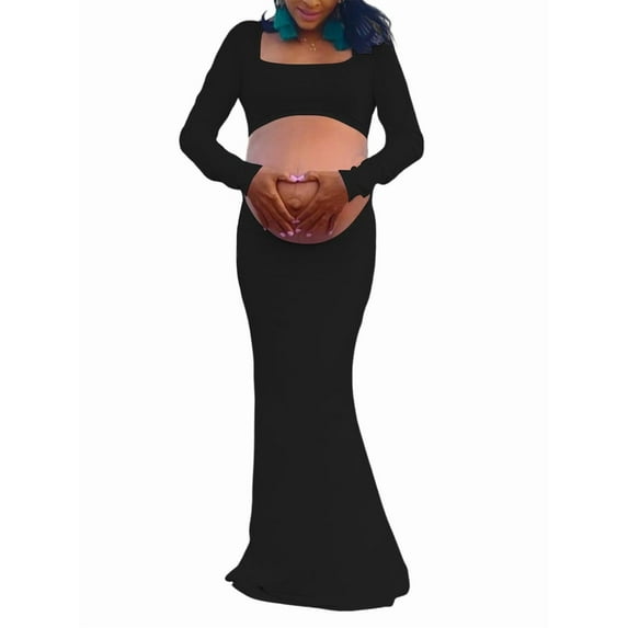 Maternity Photoshoot Dress Long Sleeve Sexy- Cut-Out Backless Maternity Maxi Gown Photography Outfits Black XL