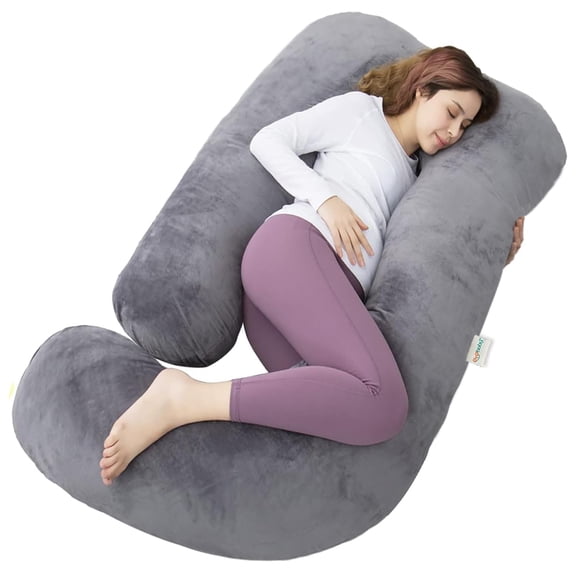 Maternity Pillows For Pregnancy Sleeping, J Shaped Pillow, Grey Color | Pillow For Pregnant Women, Washable Premium Velvet Cover, Supports Belly & Back, Full Body Support - Pack Of 1