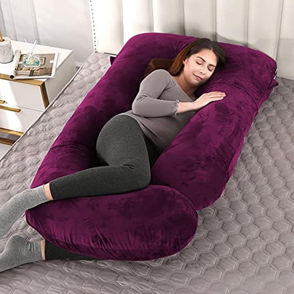 Maternity Pillows For Pregnancy Sleeping For Pregnant Women, J Shaped Pillow, Wine Color | Supports Belly & Back, Washable Premium Velvet Cover, Full Body Support - Pack Of 1