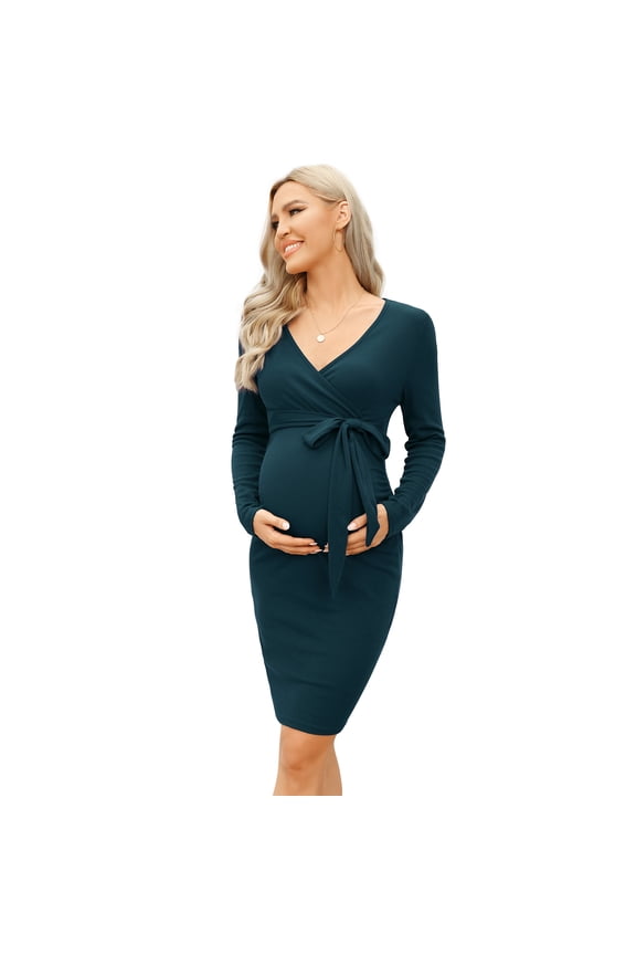 Maternity Ribbed Knit Long Sleeve Wrap V Neck Bodycon Fall Casual Sweater Mini Dress with Belt