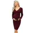 thumbnail image 1 of Maternity Ribbed Knit Long Sleeve Wrap V Neck Bodycon Fall Casual Sweater Mini Dress with Belt, 1 of 5