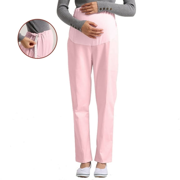 Maternity Scrub Pants Womens Stretch Adjustable High Waist Medical Trousers Straigt Leg Loose Work Nursing Uniform, Pink, XL