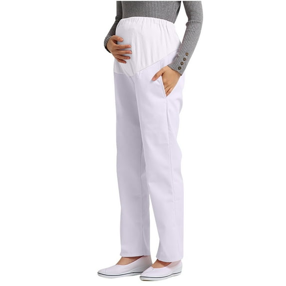Maternity Scrub Pants Womens Stretch Adjustable High Waist Medical Trousers Straigt Leg Loose Work Nursing Uniform, White, XL