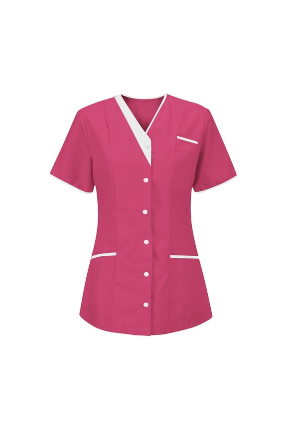 Maternity Scrub Top Short Sleeve V Neck Medical Uniforms & Scrubs Button Down Nurse Shirt Uniformes De Limpieza Para Mujer Uniform Shirts for Women, Hot Pink S