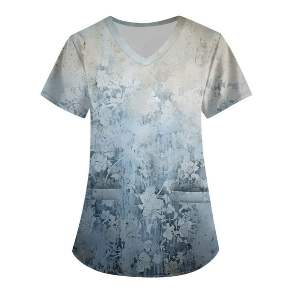 Maternity Scrubs for Nurses,Floral Pattern Nursing Tops - Side Slit Short Sleeve Scrub Blouse with Pockets - Gray - L