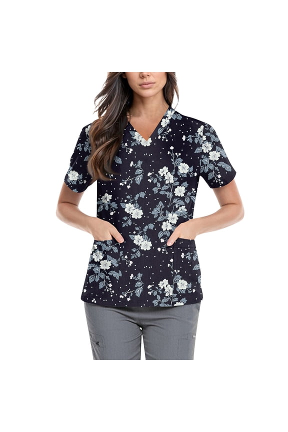 Maternity Scrubs for Nurses,Floral Print Scrub Tops - Side Pocket Design for Nurses & Healthcare Workers - Navy - S
