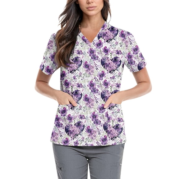 Maternity Scrubs for Nurses,Floral Print Scrub Tops - Side Pocket Design for Nurses & Healthcare Workers - Purple - M