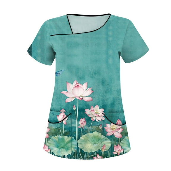 Maternity Scrubs for Nurses,Floral Printed Scrub Tops - Cheerful Floral Patterns Short Sleeve Medical Blouse - Cyan - XL