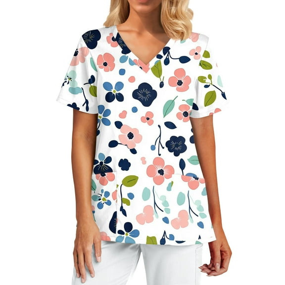 Maternity Scrubs for Nurses,Floral Printed Scrub Tops for Women - Stretchy V-Neck Short Sleeve Nurse Work Shirts - White - S