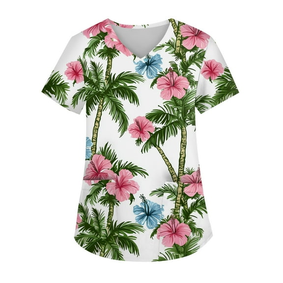 Maternity Scrubs for Nurses,Hawaiian Print Scrubs Top- Performance Fabric Tops with Side Slit Pockets - Dark Green - L
