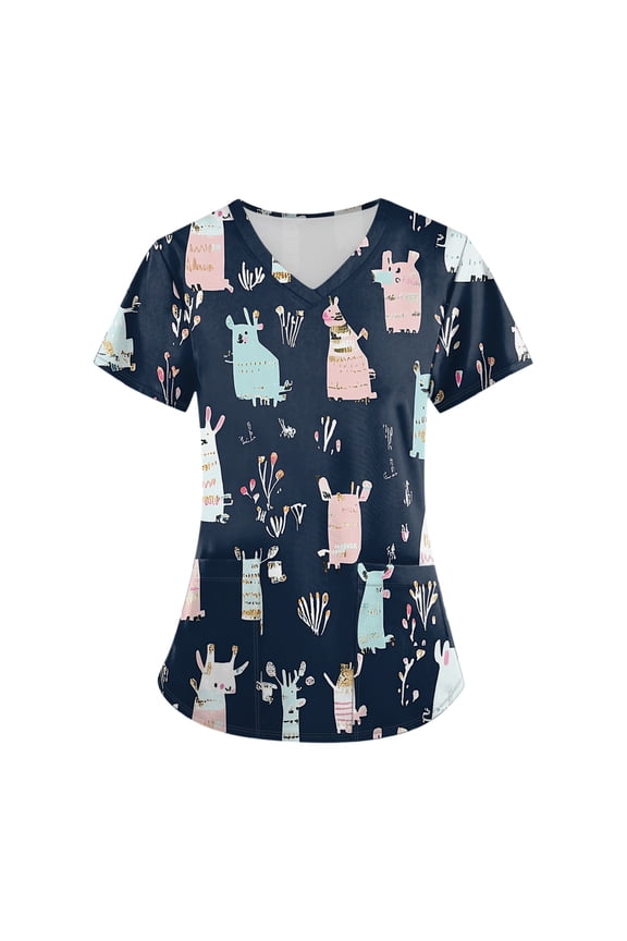 Maternity Scrubs for Nurses,V-Neck Scrub Tops with Animal Pattern - Wrinkle-Resistant Nursing Uniform with Pockets - Black - XXXXXL