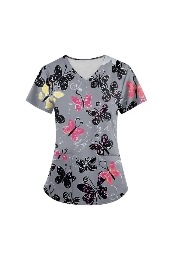 Maternity Scrubs for Nurses,V-Neck Scrub Tops with Animal Pattern - Wrinkle-Resistant Nursing Uniform with Pockets - Gray - XXXXL