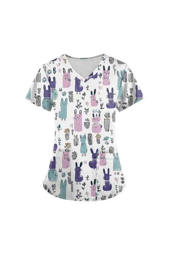 Maternity Scrubs for Nurses,V-Neck Scrub Tops with Animal Pattern - Wrinkle-Resistant Nursing Uniform with Pockets - Multicolor - XXXL