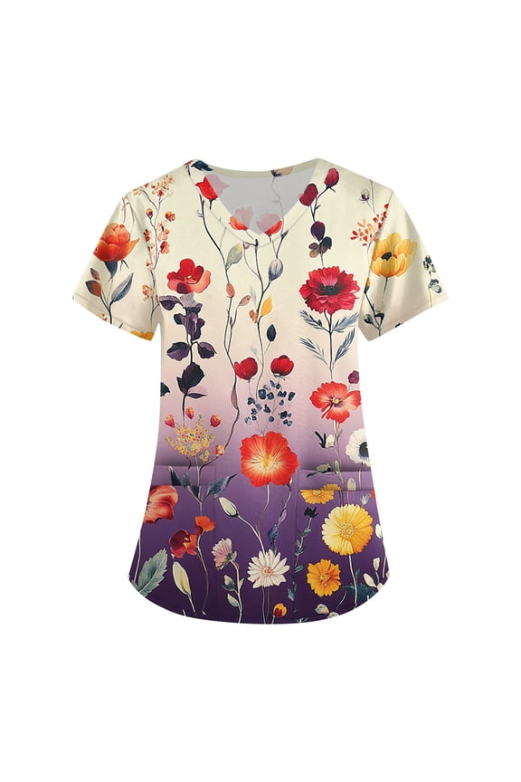 Maternity Scrubs for Nurses,Women's Floral Printed Scrub Tops - V-Neck Stretch Fabric with Utility Pockets - Purple - XL