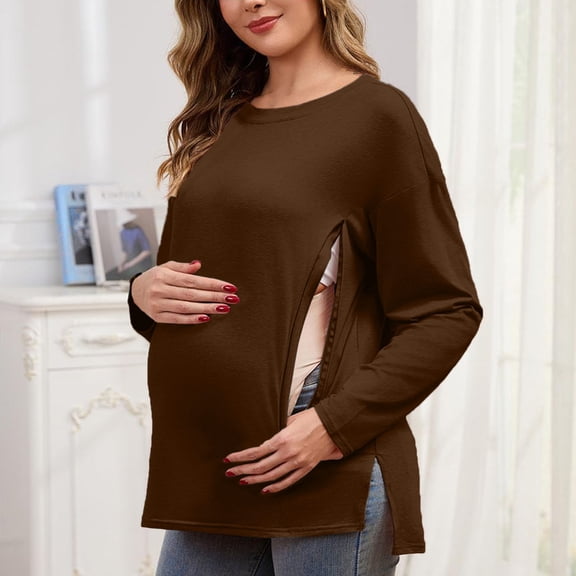 Maternity Shirts Long Sleeve, Pregnancy Side Ruched Tops,Women’s Clothes for Mama Work Causal Yoga Wearing Brown S