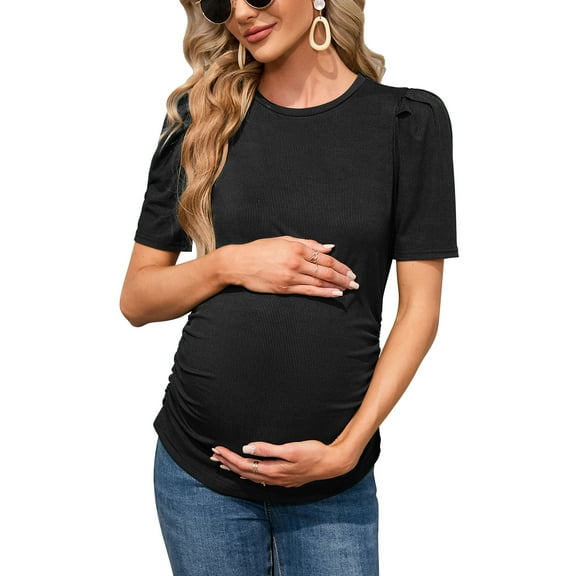 Maternity Shirts Women's Casual Floral Tops Pregnancy Short Sleeve Striped Ruched Side Tunic Top