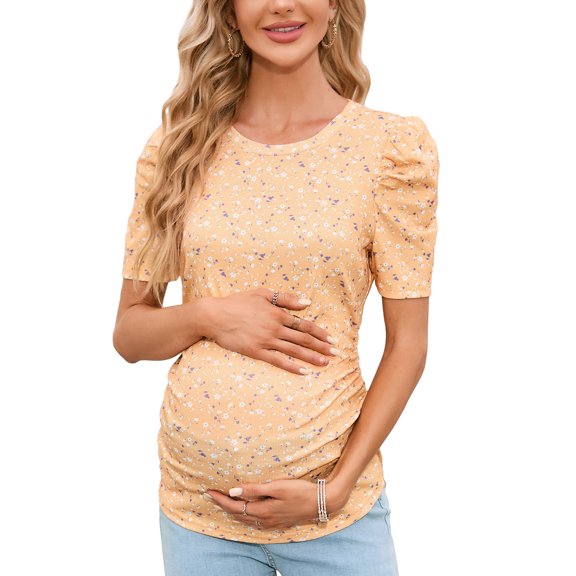 Maternity Shirts Women's Casual Tops Pregnancy Short Sleeve Striped Ruched Side Tunic Top