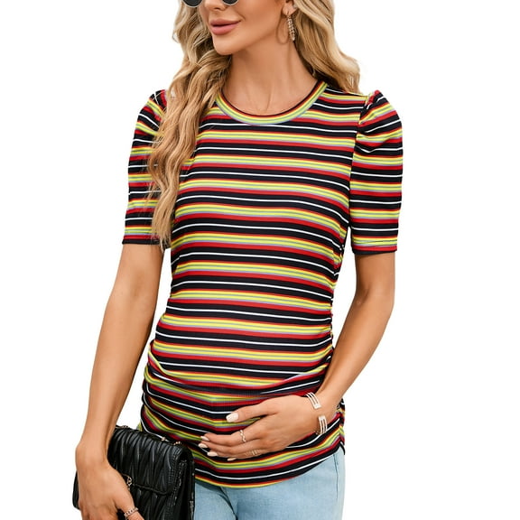 Maternity Shirts Women's Casual Tops Pregnancy Short Sleeve Striped Ruched Side Tunic Top