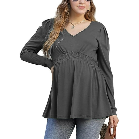 Maternity Shirts Women's V Neck Floral Maternity Tops Smocked Ruffle Hem Tunic Blouse For Women