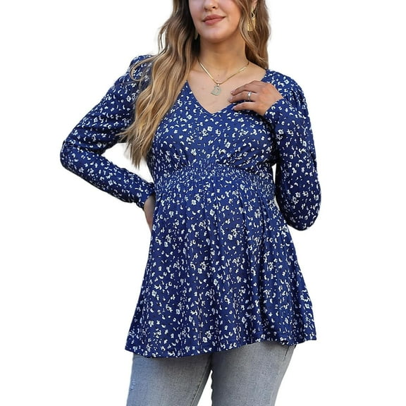 Maternity Shirts Women's V Neck Floral Maternity Tops Smocked Ruffle Hem Tunic Blouse For Women