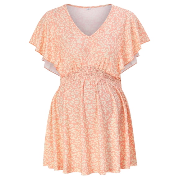 Maternity Shirts Women's V Neck Floral Maternity Tops Smocked Ruffle Hem Tunic Blouse for Women