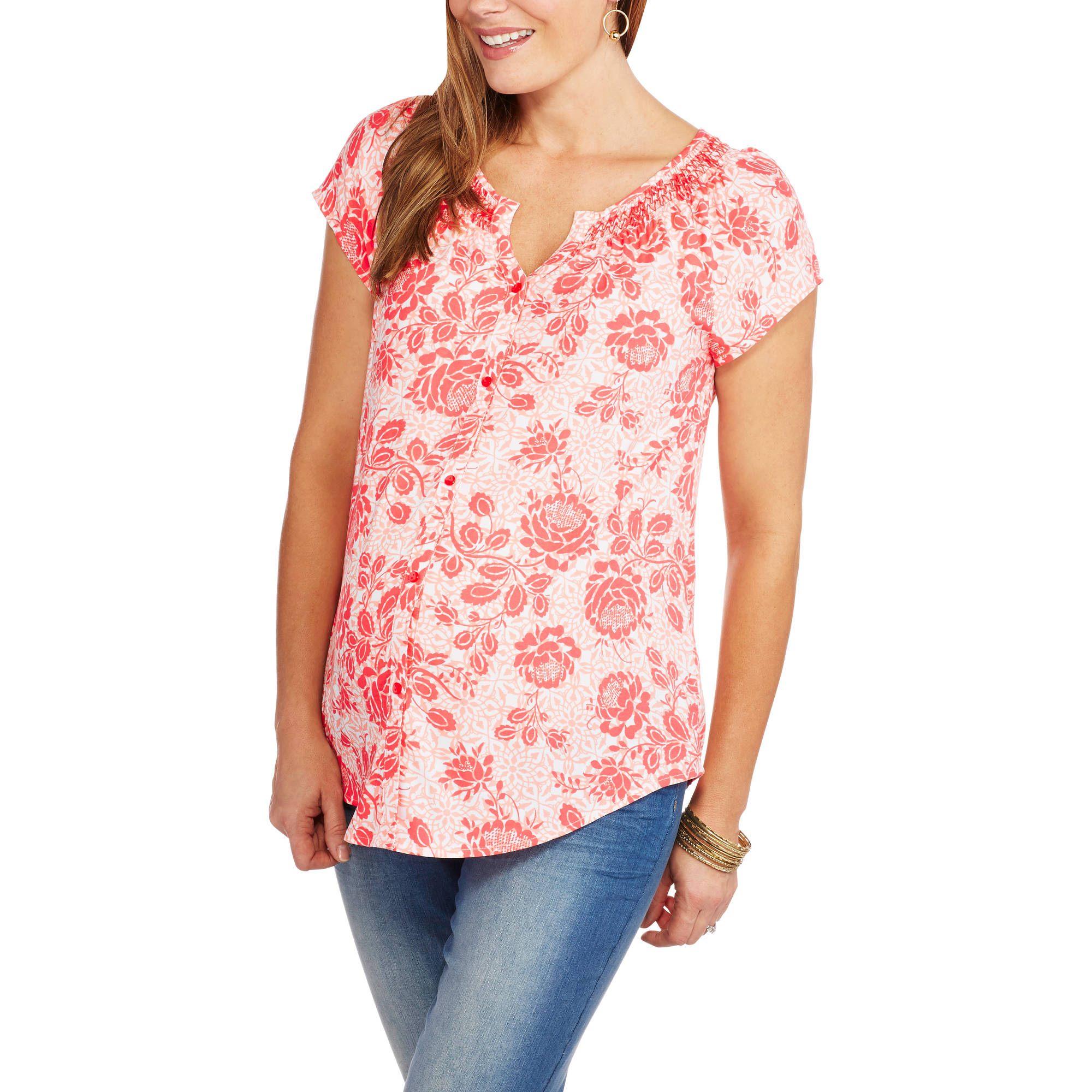 Maternity Short Sleeve Button Front Peasant Top - image 1 of 2