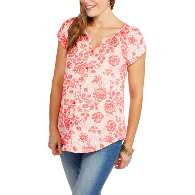 Maternity Short Sleeve Button Front Peasant Top
