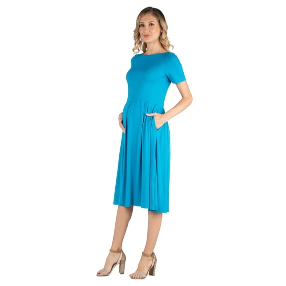 Maternity Short Sleeve Pleated Pocket Midi Dress