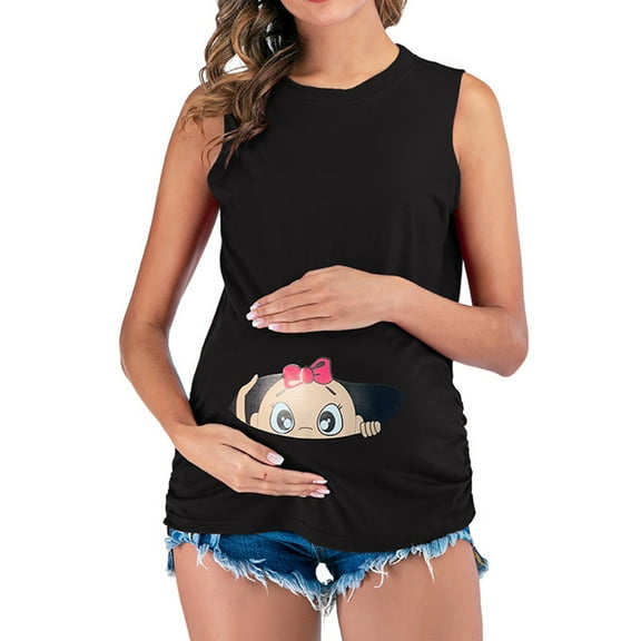 Maternity Short Sleeve T Shirt Womens Crew Neck Cute Funny Graphic Ruched Sides Tops Pregnancy Tunic Blouse Breastfeeding Clothes for Women Black L