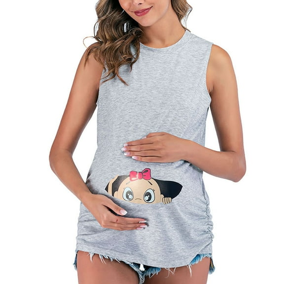 Maternity Short Sleeve T Shirt Womens Crew Neck Cute Funny Graphic Ruched Sides Tops Pregnancy Tunic Blouse Breastfeeding Clothes for Women Gray S