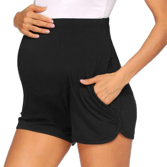 Maternity Shorts Over The Belly with Pockets, Pregnancy Lounge Shorts, Before, During After Pregnancy, Loose Fit, Black (Small)