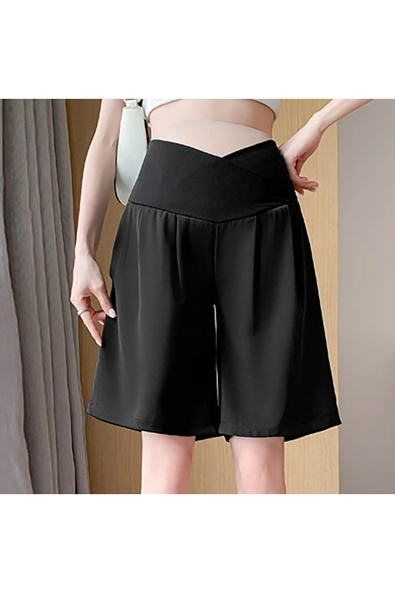 Maternity Shorts for Women Over The Belly Cross Waist Summer Comfy Soft Ice Silk Loose Pregnancy Suit Shorts with Pockets Black XL