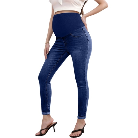 Maternity Skinny Jeans, Over Belly Support Band With Stretch Denim, Comfortable Pregnancy Pants For Fashion & Fit Blue Large