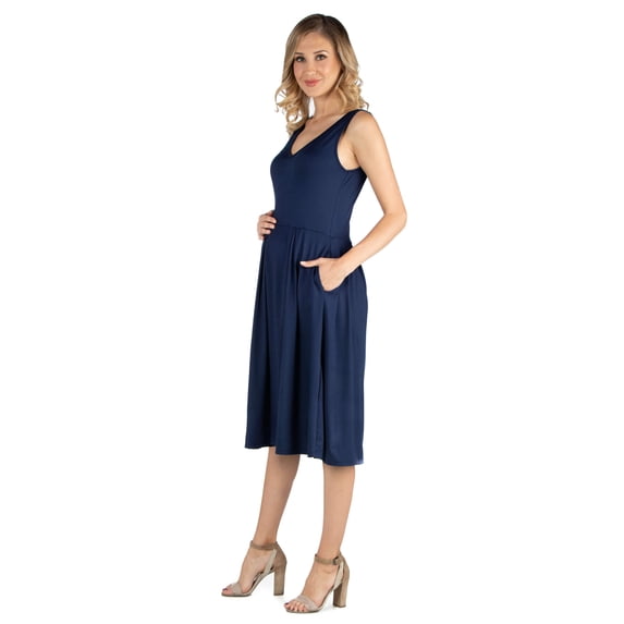 Maternity Sleeveless Fit N Flare Pocket Midi Dress