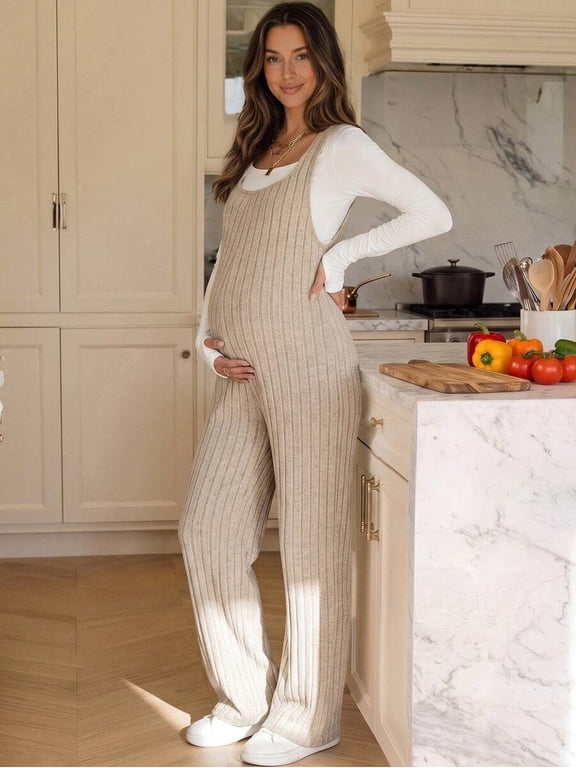 Maternity Sleeveless Jumpsuit, Ribbed Wide Leg Overalls